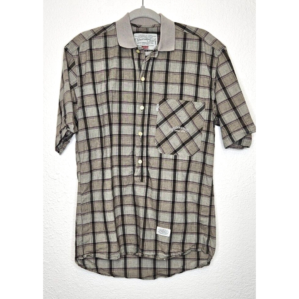 Vintage Levi's Mens Shirt Small Gray Plaid Short Sleeve Half Button Front Retro
